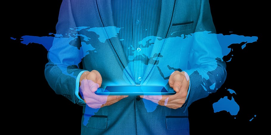 businessman, internet, continents, tablet, world, worldwide, connection, HD wallpaper