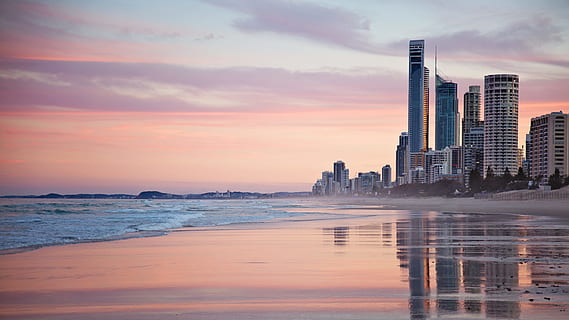 Tall City Buildings Near Beach Shore during Sunset, architecture HD wallpaper