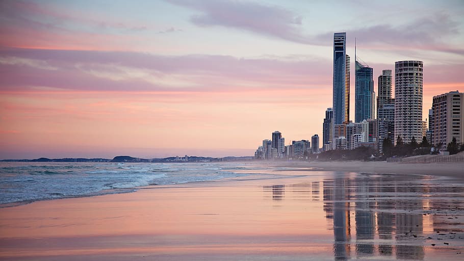 Tall City Buildings Near Beach Shore during Sunset, architecture HD wallpaper