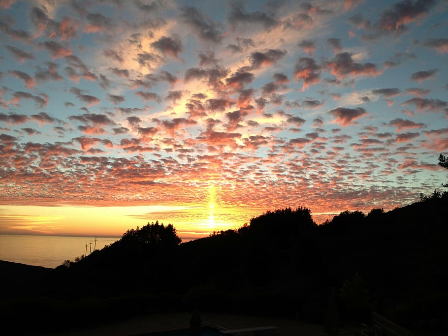 sunset, orange, yellow, blue, clouds, sky, silhouette, golden HD wallpaper