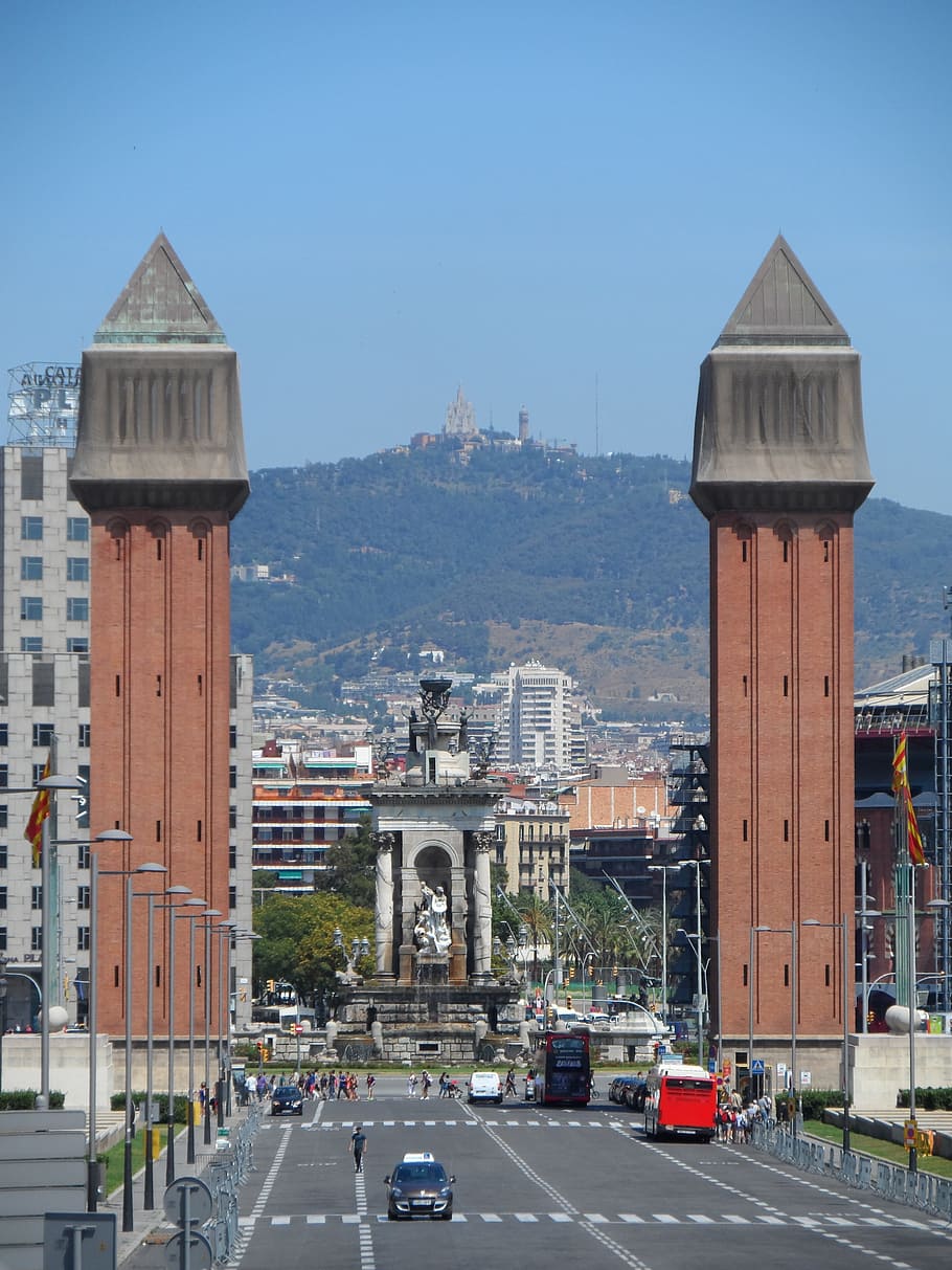 two towers, barcelona, trip, architecture, transportation, built structure, HD wallpaper