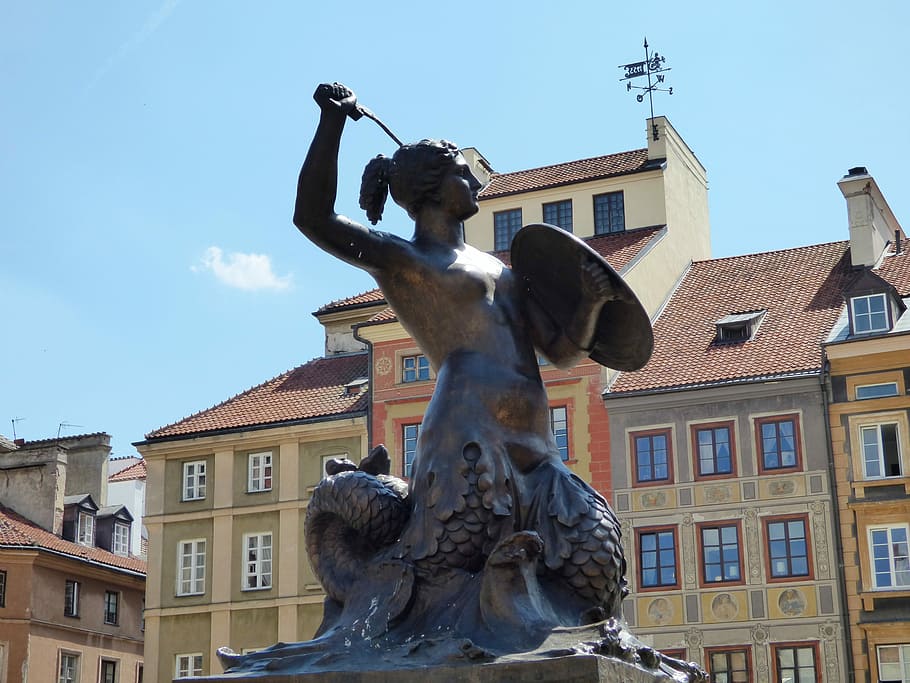 Fountain, Shield, Sword, Siren, Mermaid, warsaw, the statue HD wallpaper