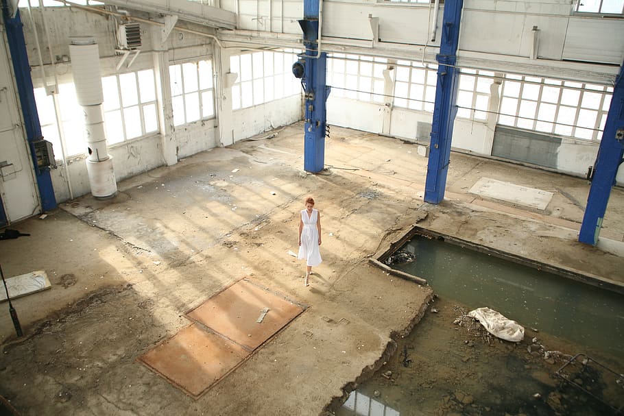 person, woman, water, building, abandoned, architecture, concrete HD wallpaper