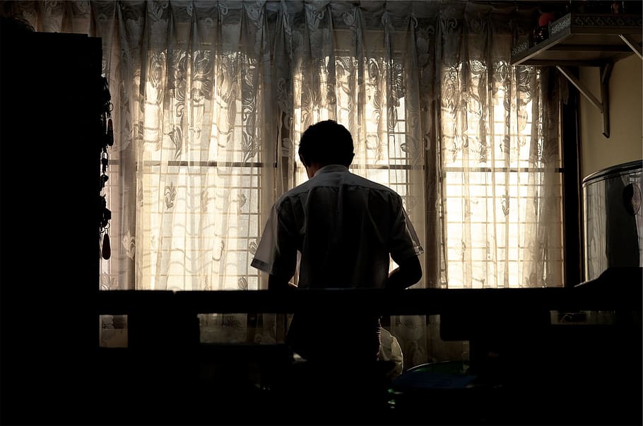 man facing window, guy, dark, room, curtains, drapes, people HD wallpaper