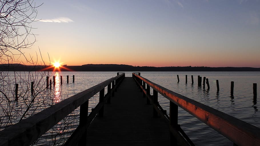waters, sunset, dawn, bridge, pier, lake, web, jetty, boardwalk HD wallpaper