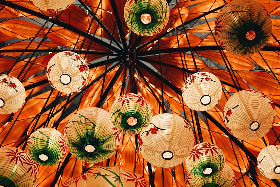 decorations, design, paper lanterns, perspective, low angle view HD wallpaper