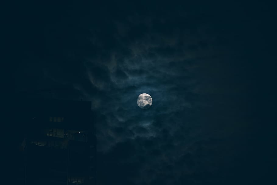 building, dark clouds, full moon, night, night sky, silhouette HD wallpaper