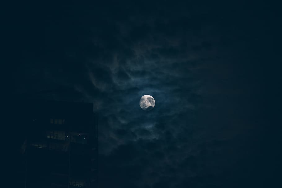 full moon, gray sky and white moon, cloudy, night sky, dark, darkness HD wallpaper