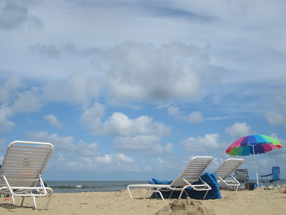 beach, clouds, relax, relaxation, sand, summer, sky, sunbeds HD wallpaper