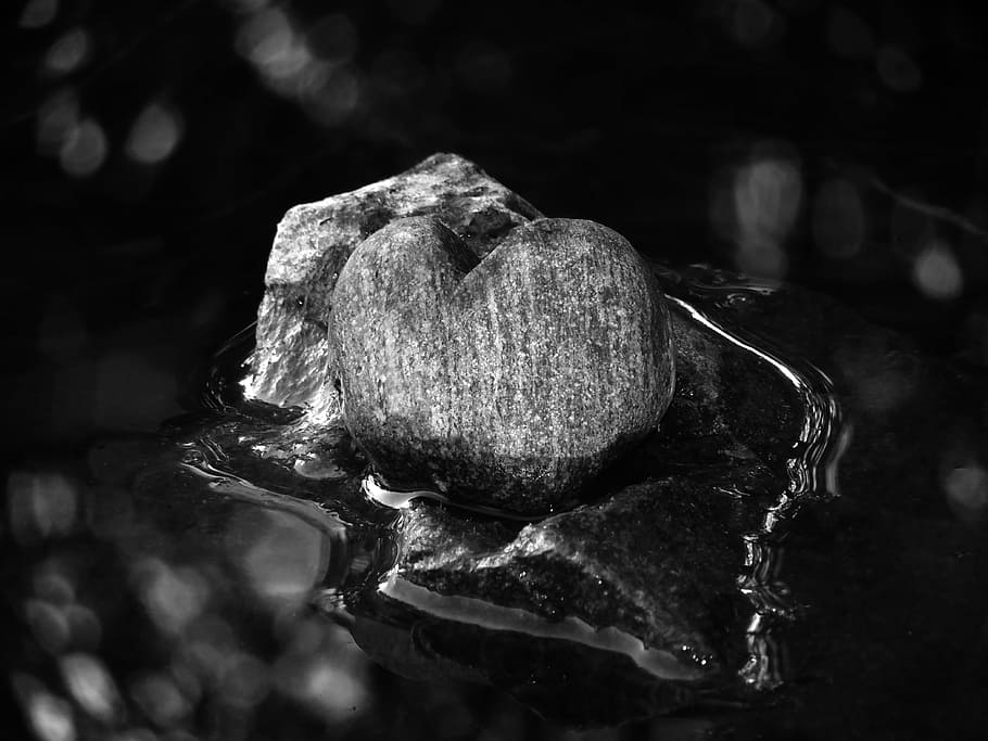 b w photography, stone, heart, water, love, close-up, no people, HD wallpaper