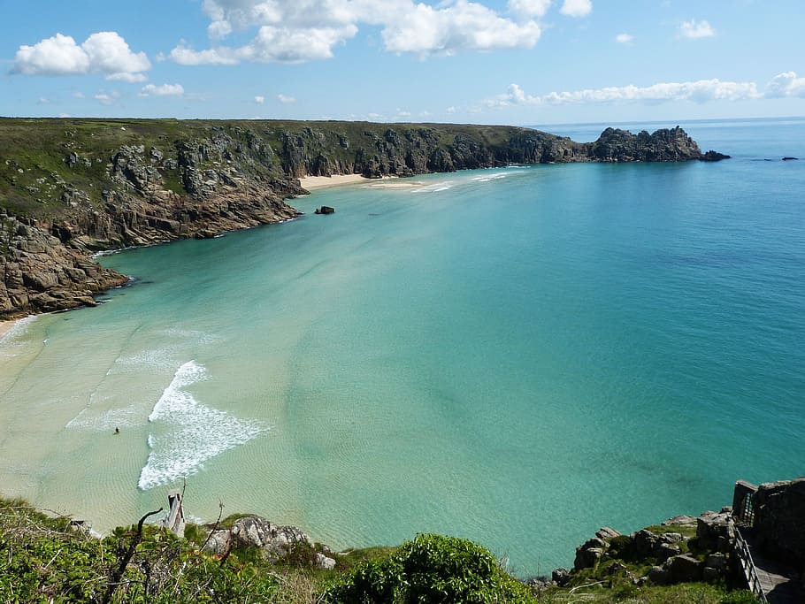 aerial view of beach, cornwall, england, sea, coast, united kingdom HD wallpaper