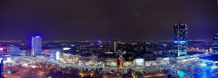 bird's-eye view of building with lights, panorama, warsaw, night HD wallpaper