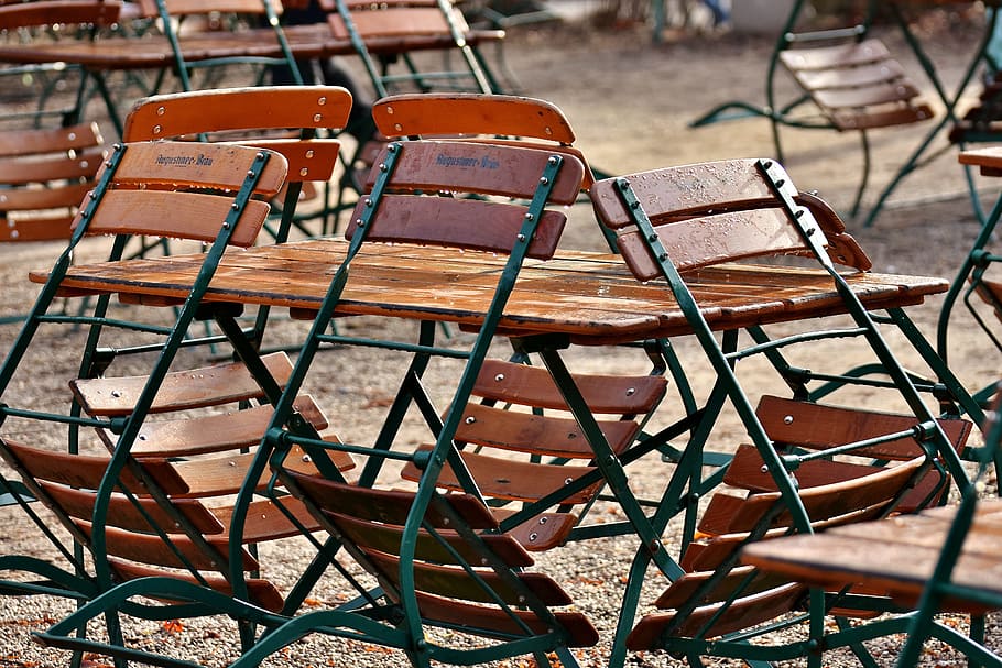 beer garden, empty, rain, chairs, dining tables, out, rainy weather HD wallpaper