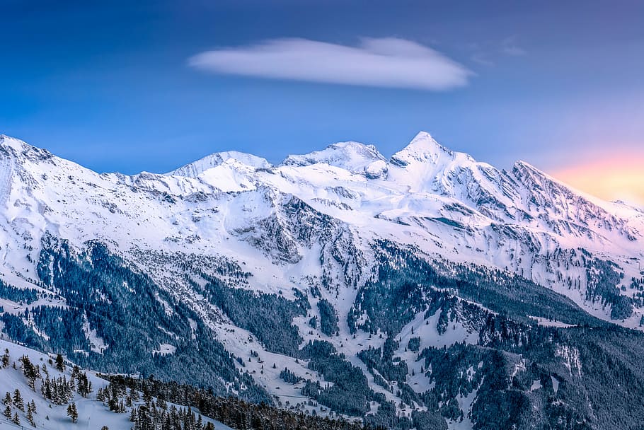 snow covered mountain under blue sky, white alps mountain, mountain range HD wallpaper