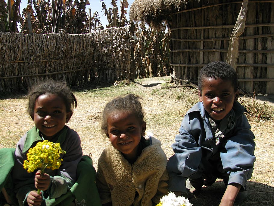 three children sitting on ground, Africa, Ethiopia, Village, ethiopia village