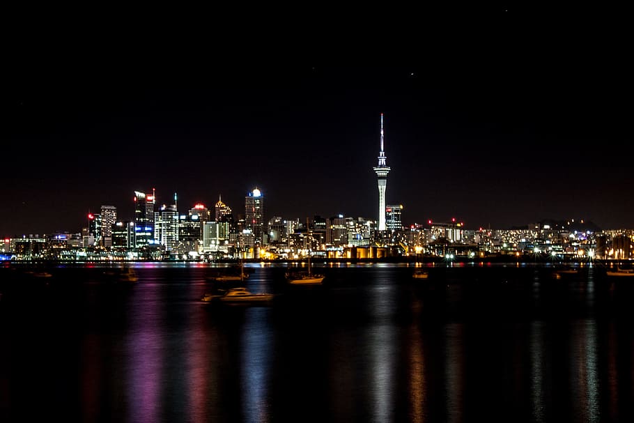 high-rise building during night time, auckland, new zealand, city