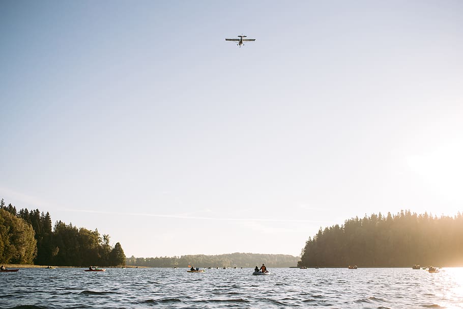 Plane over a lake, landscape, nature, sky, transportation, outdoors HD wallpaper