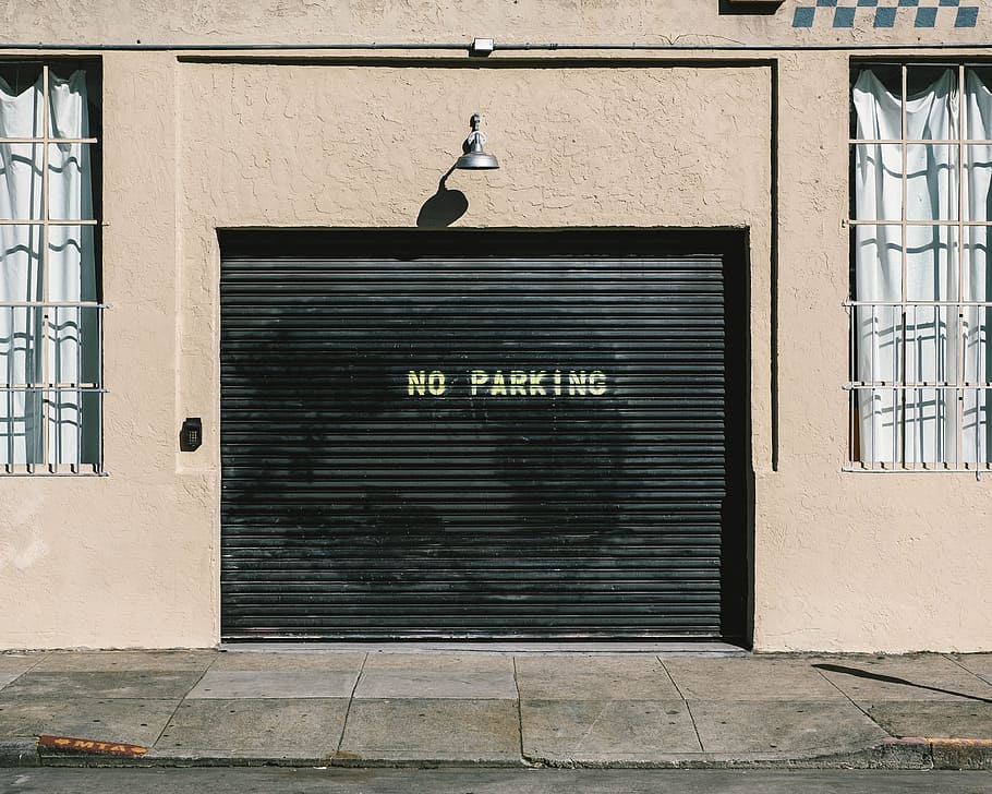 black metal roll-up door with no parking print, white steel garage door close HD wallpaper