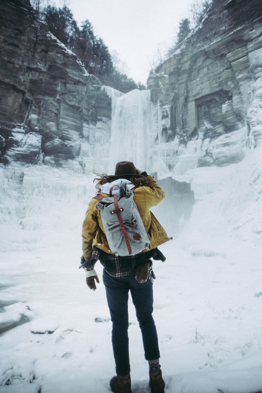 waterfall, iceberg, snow, winter, mountain, hill, people, man HD wallpaper