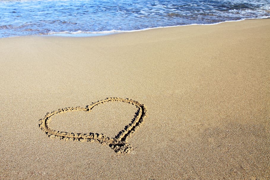 beach sand with heart illustration, background, coast, love, ocean, HD wallpaper