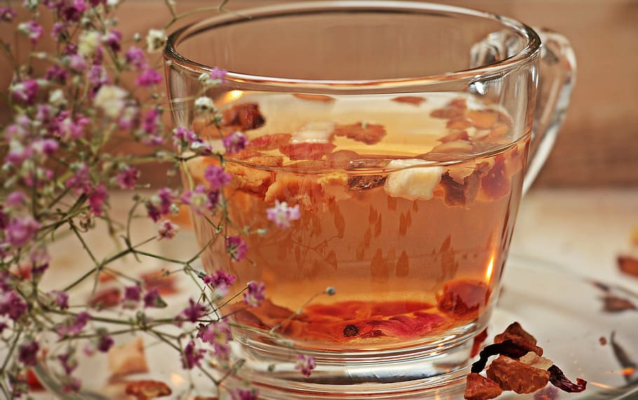 clear glass teacup filled with orange liquid in closeup photo HD wallpaper