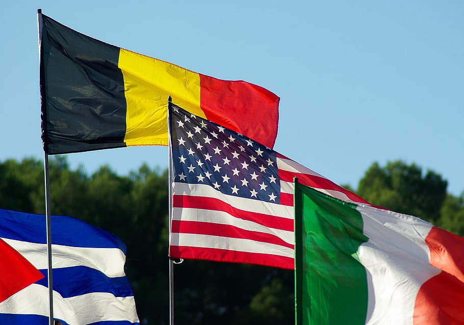 four assorted-flags rising at daytime, belgian flag, irish flag, HD wallpaper