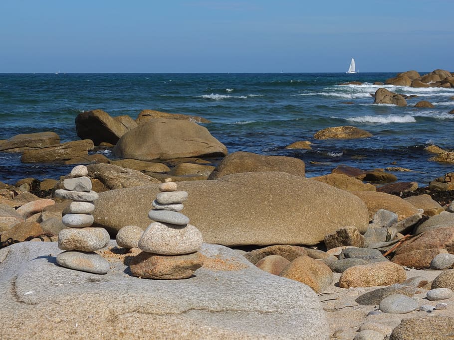 Pebble, Beach, Pebbles, Sea, Ocean, side, france, horizon, stones HD wallpaper