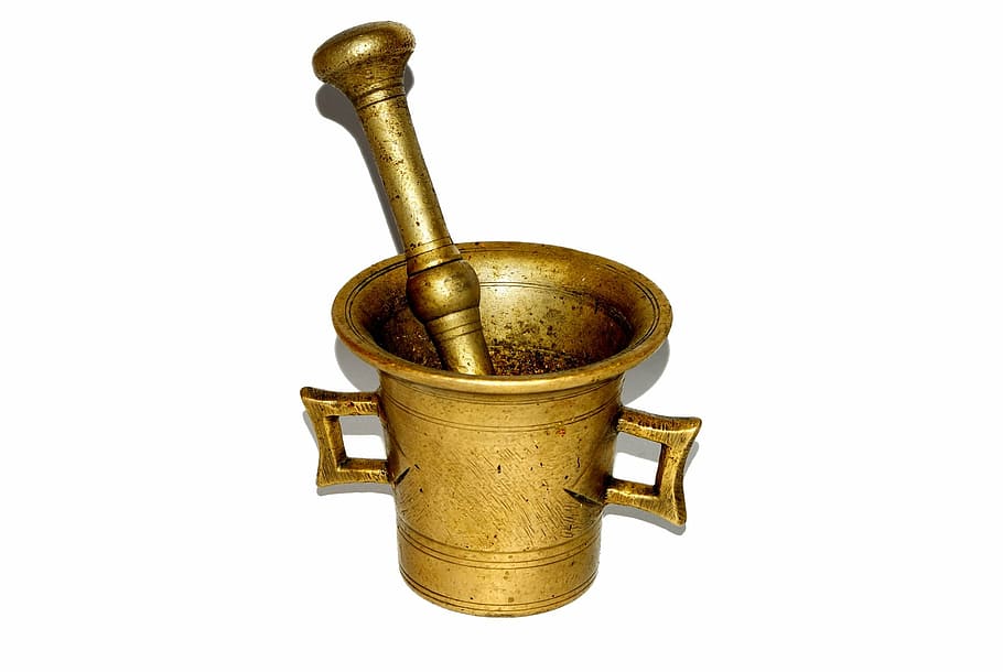 old, mortar, pestle, brass, metal, white background, studio shot HD wallpaper
