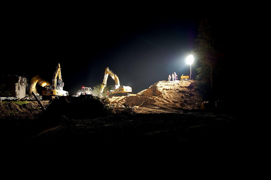 yellow excavator, night construction site, construction work HD wallpaper
