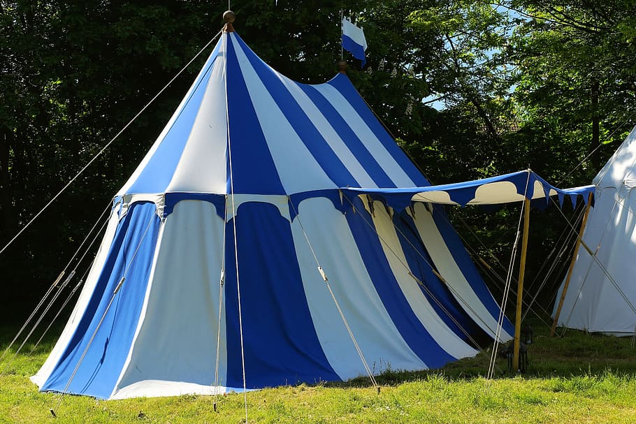 tent, ritterzelt, blue white, striped, easily, wind vane, meadow, HD wallpaper