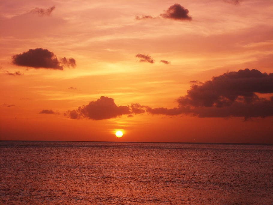 Sunset, Sea, Ocean, Clouds, sunset on the sea, evening, red HD wallpaper