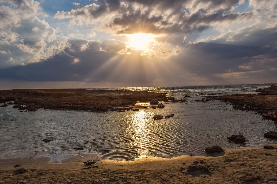 sunset, sea, sky, clouds, lagoon, beach, sunshine, sunbeam HD wallpaper