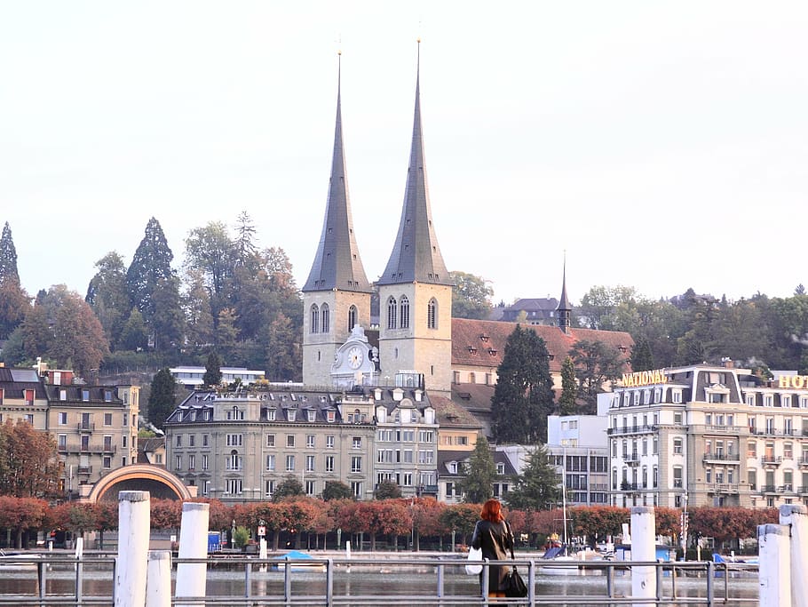 tower, spire, church, lake, building, water surface, switzerland, HD wallpaper