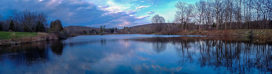 sunset, panorama, lake, sky, water, panoramic, sunlight, blue HD wallpaper