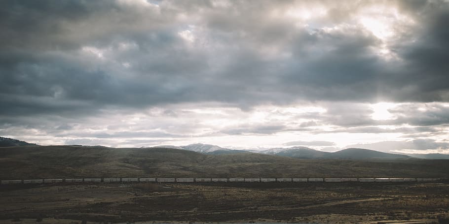 bird's-eye view of mountain under cloudy sky, landscape, train HD wallpaper