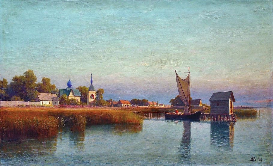 painting of boat beside dock, lagorio gorodka, art, artistic