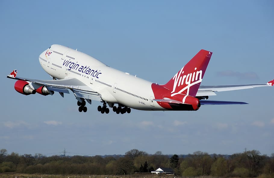 white and red Virgin Atlantic airplane, aircraft, commercial