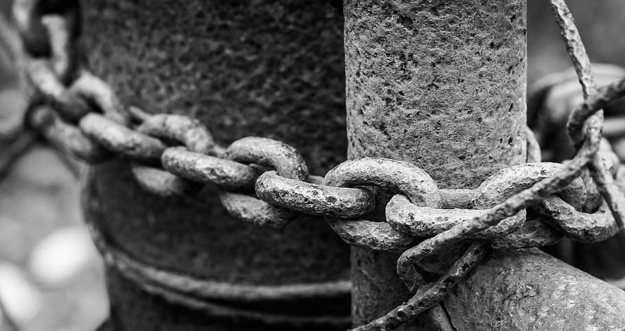 column, chain, security, closed, gate, black and white, details HD wallpaper