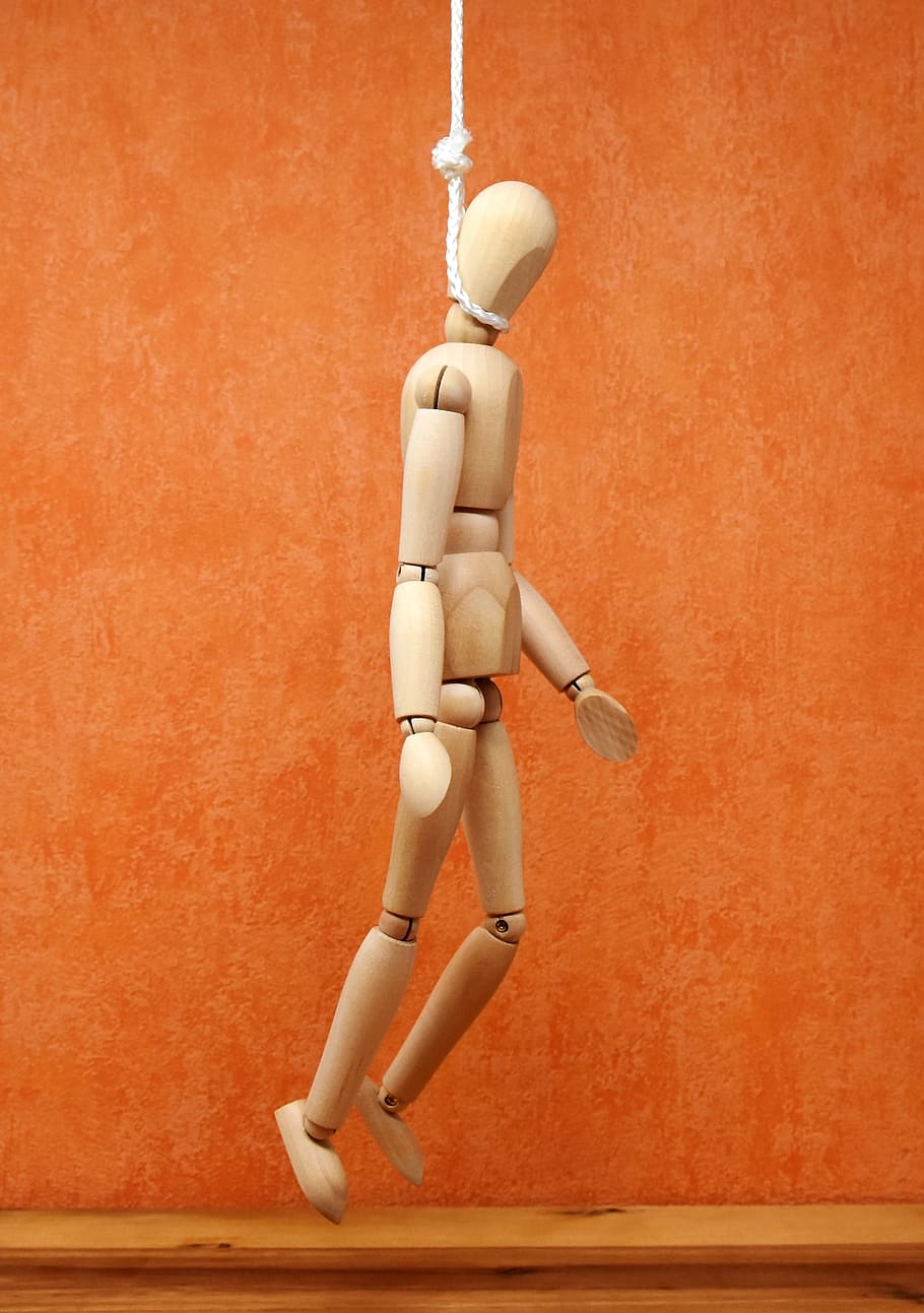 wooden person with tie, joint dolls, gallows, knitting, rope, HD wallpaper