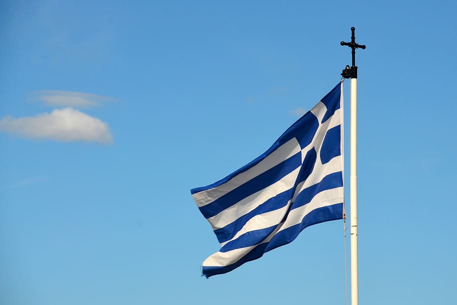 flag, greece, sky, low angle view, blue, patriotism, nature HD wallpaper