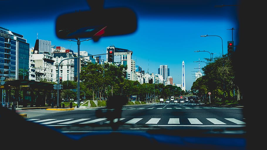 dashboard view of pedestrian crossing, car parked in front of pedestrian lane HD wallpaper