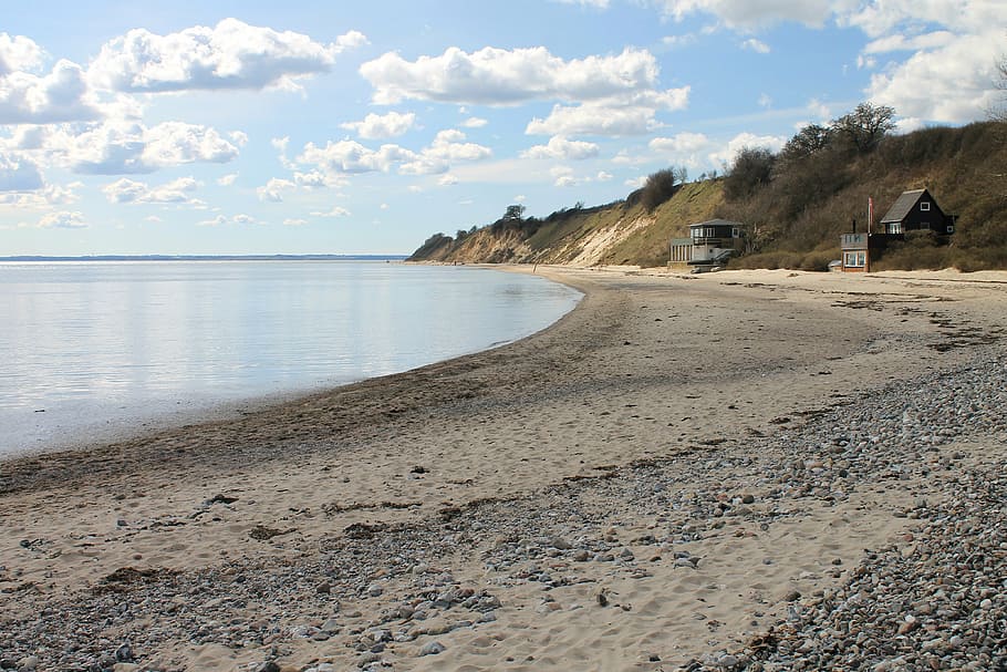 beach, denmark, spring, water, the sea, holiday homes, stone HD wallpaper