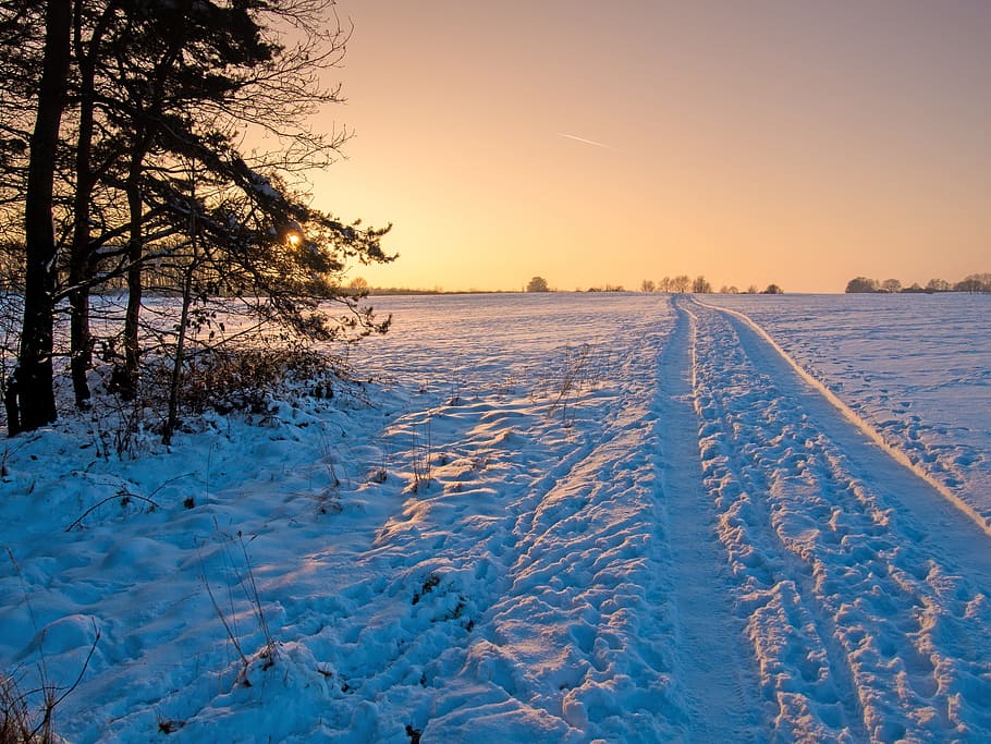 Winter, Snow, Wintry, Landscape, Hiking, cold, sun, blue, orange HD wallpaper