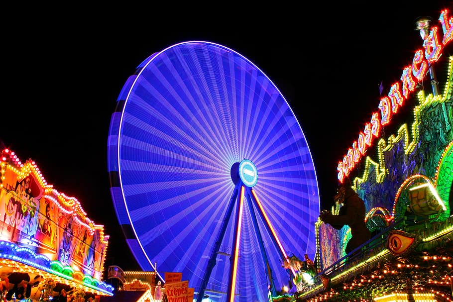 lights, night, dark, festival, amusement park, background, bright