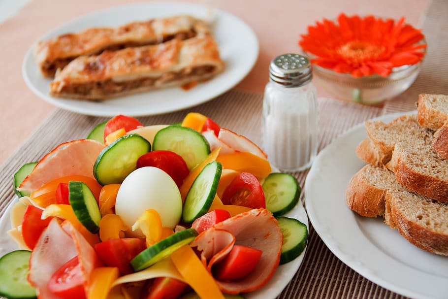 salt shaker near plate of salad and wheat breads, breakfast HD wallpaper