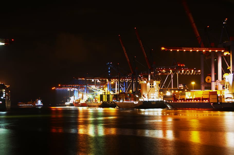 ship in port during night time, hamburg, hamburg port, hanseatic