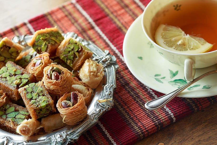 cookie and tea on mug, Teatime, Pastry, Syrian, Sweet, pistachio