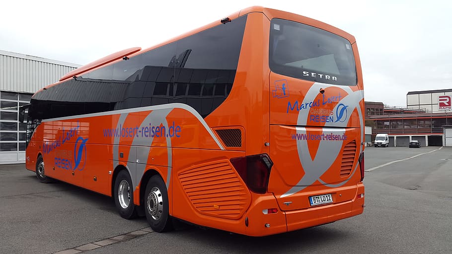 bus, orange, sky, clouds, travel, stand, vehicle, holiday, setra HD wallpaper