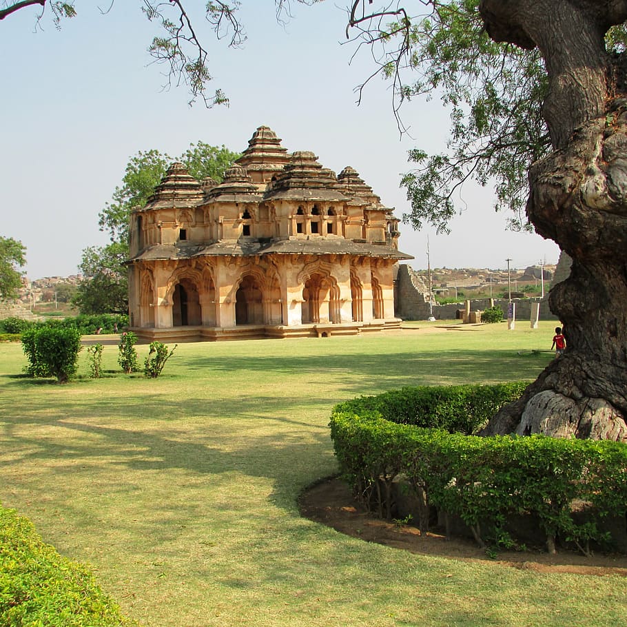 brown concrete temple, lotus mahal, hampi, india, landmark, culture