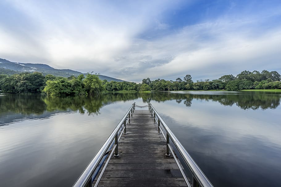 panoramic photography of river dock, lake, bridge, path, landscape HD wallpaper